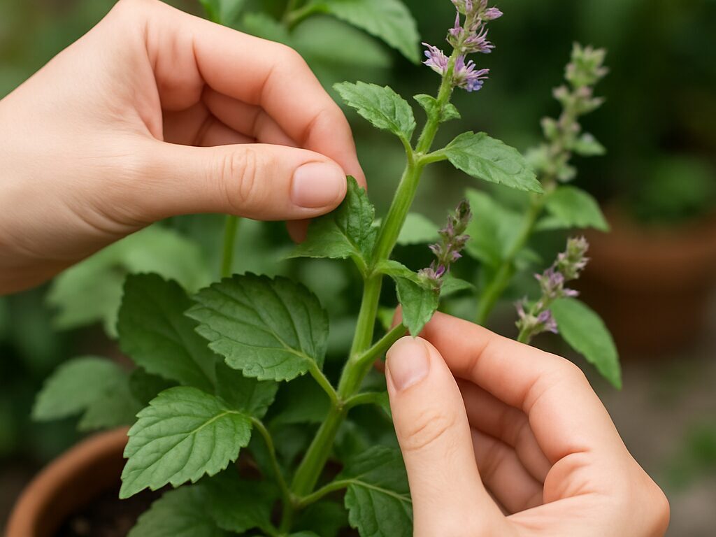 屋外でミントの四角い茎と対生の葉、淡紫の花穂を指で確かめる接写
