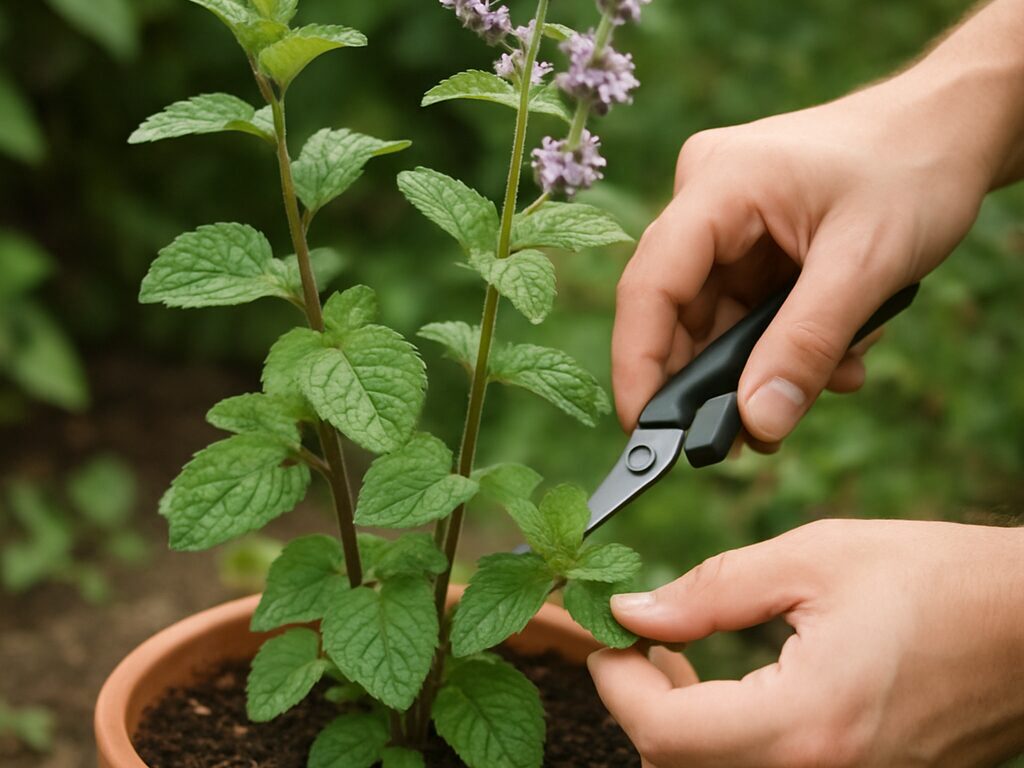 ミントの花穂を剪定して交雑を防ぎ、挿し穂を小瓶で発根させ、横に鉢植えを置く
