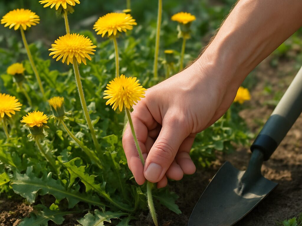家庭菜園の畝に増えた黄色い雑草花を、鎌で根元から除去し黒マルチで覆う作業