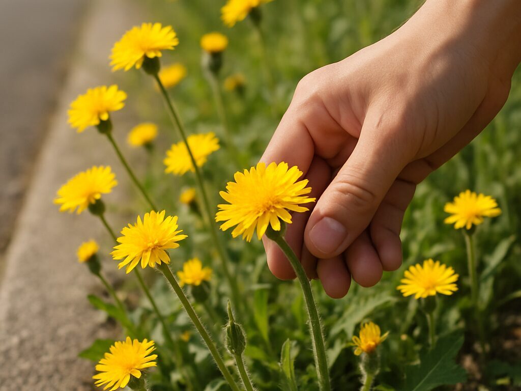夏の道端に咲くブタナやオニタビラコなど黄色い雑草花の群生、舗装路脇で切り取った近景