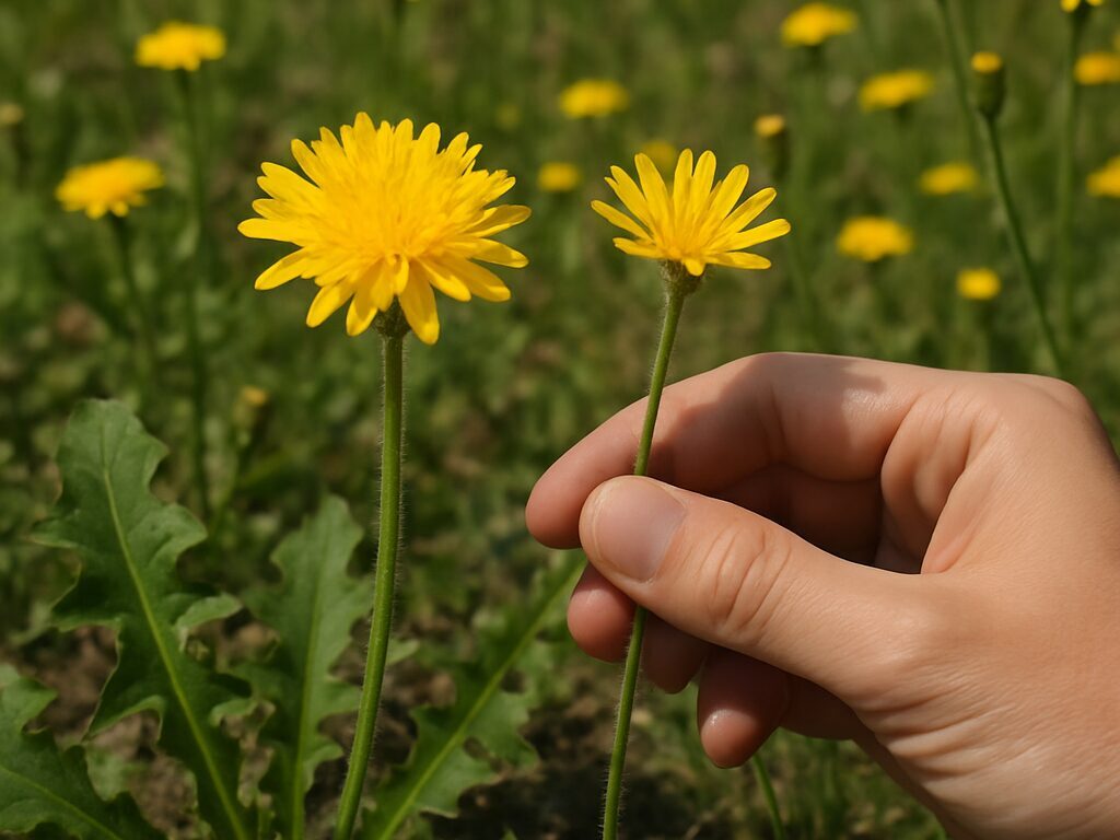 路肩の黄花を前に、ルーペで総苞やロゼット葉・茎の毛を確認する観察の手元