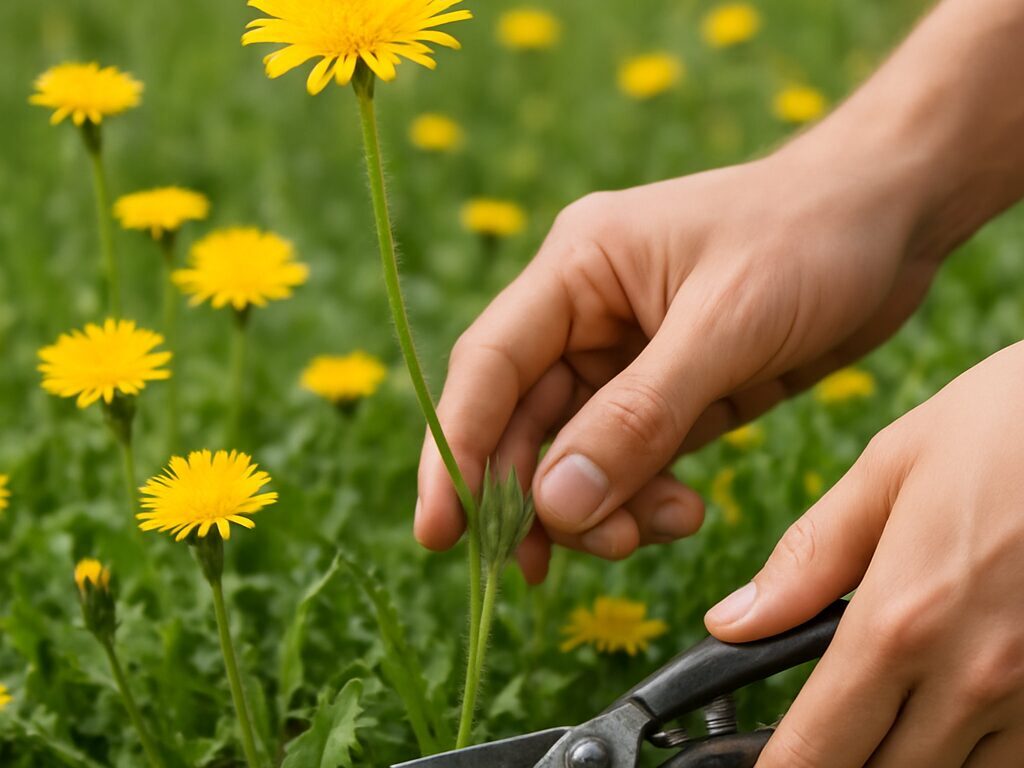 メマツヨイグサやコレオプシスなど黄花の雑草を短く切り、ガラス花瓶に活けた一束