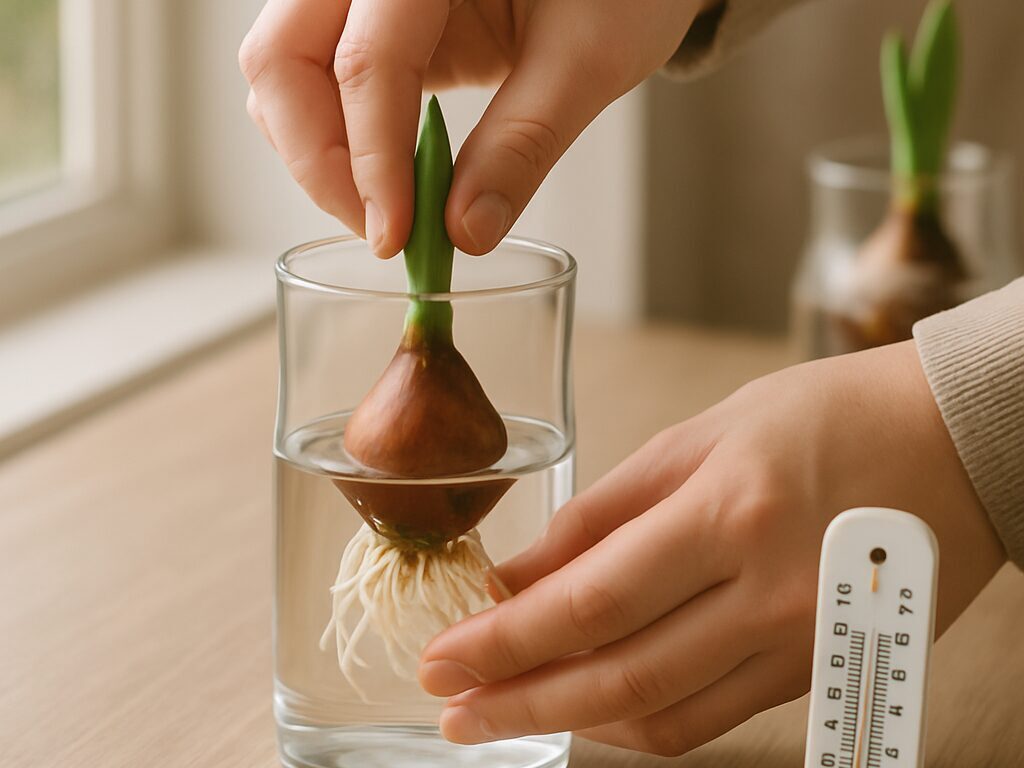 直射日光やヒーターを避け、転倒しにくい高めの棚に置いた水栽培チューリップと周囲の配慮