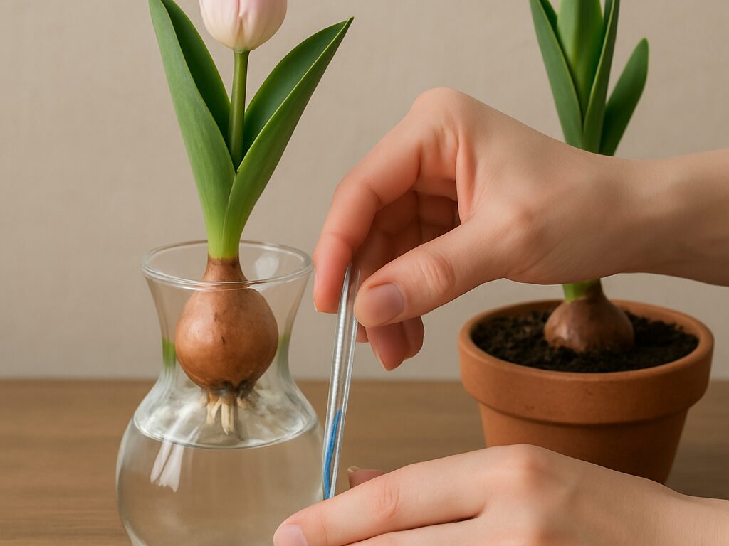 ガラス瓶で根が伸びる球根と、鉢土に植えた赤いチューリップの芽を並べて比較