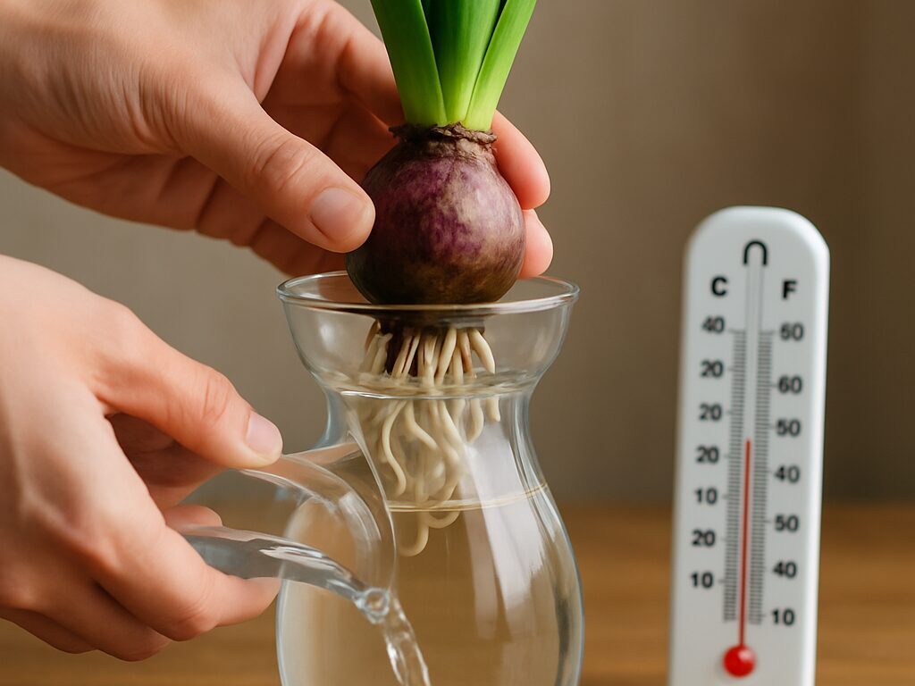 窓辺で咲いた水栽培の赤いチューリップを飾り、枯れた後の球根を乾燥させる準備