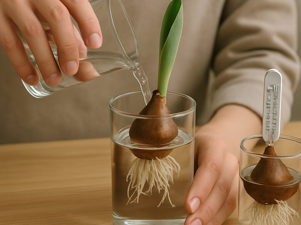 濁った水で根が茶色く腐った球根と、隣で水替えや根切りを行う対処の手元を対比