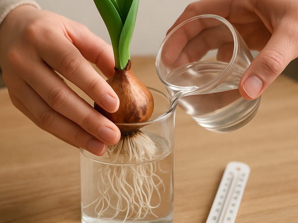 透明花瓶の縁に球根をセットし、水面を球根底部直下に保つ手元と白い根の伸長
