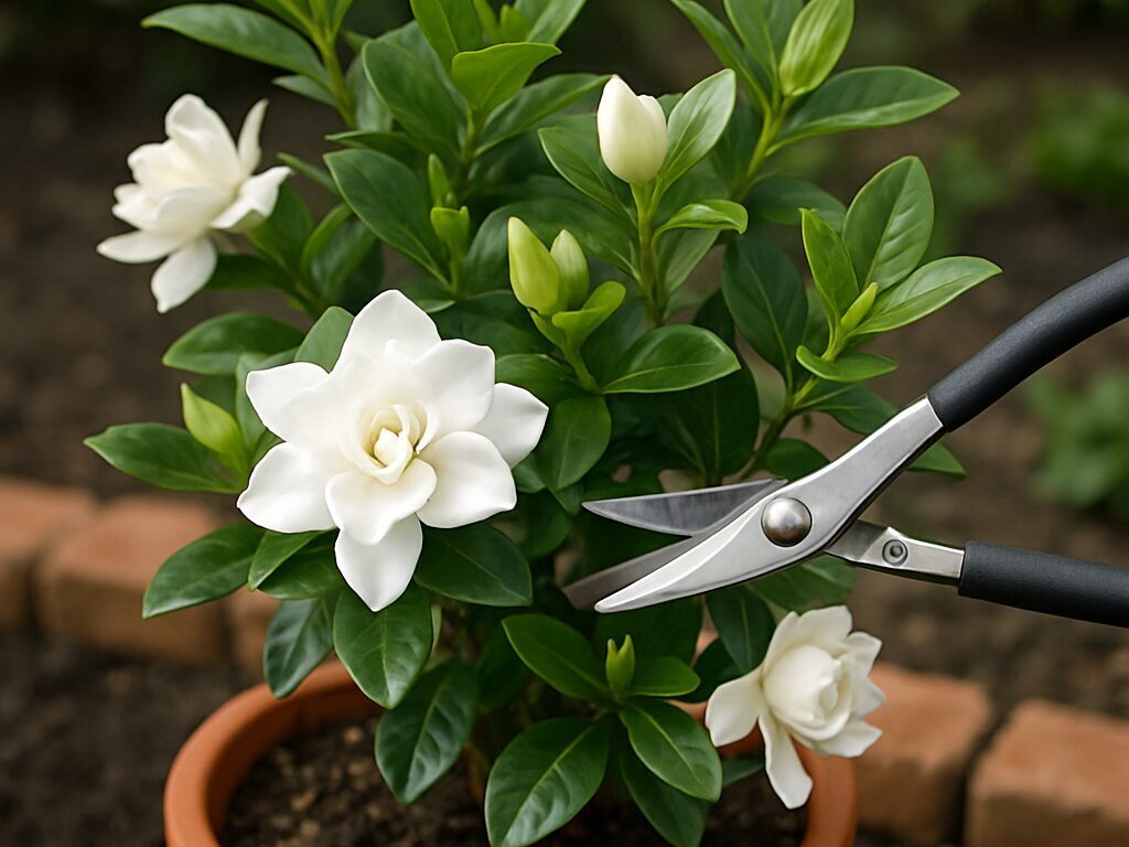 開き終わった花を摘む手と剪定ばさみ、株元のマルチで健康に育つ白いクチナシ