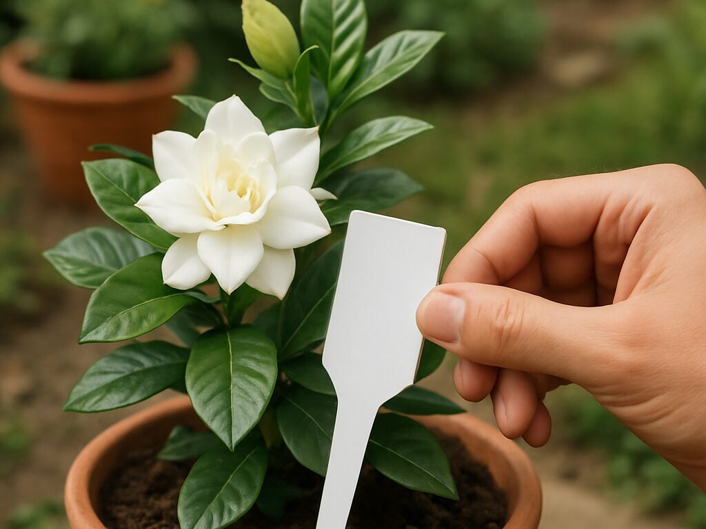 蕾の形と葉の大きさを手元で見比べる二株のクチナシ。無地の植物タグ付きの苗