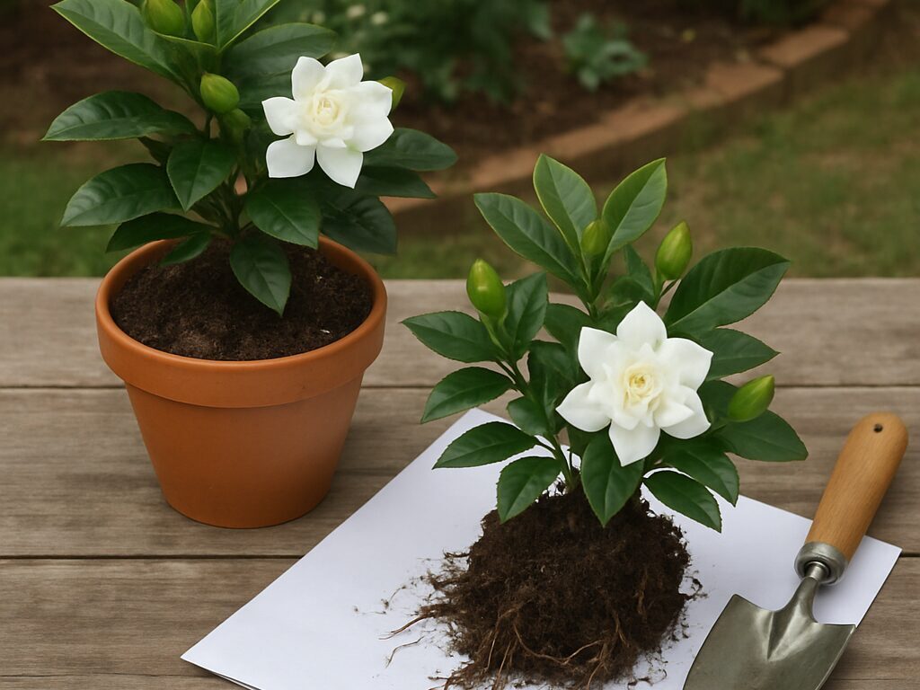 一重咲きと八重咲きの白いクチナシを鉢で並べ、花形と株姿の違いを比較