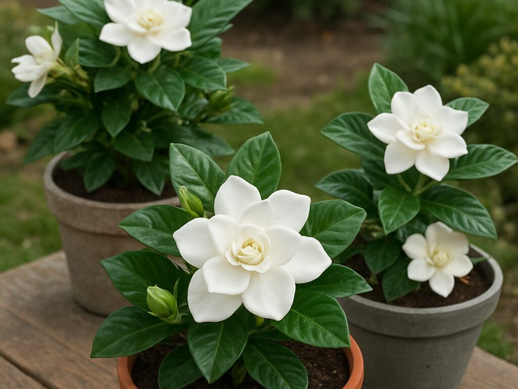 一重・八重・矮性の主なクチナシを横一列に配置し、花の形と葉の艶を見せる