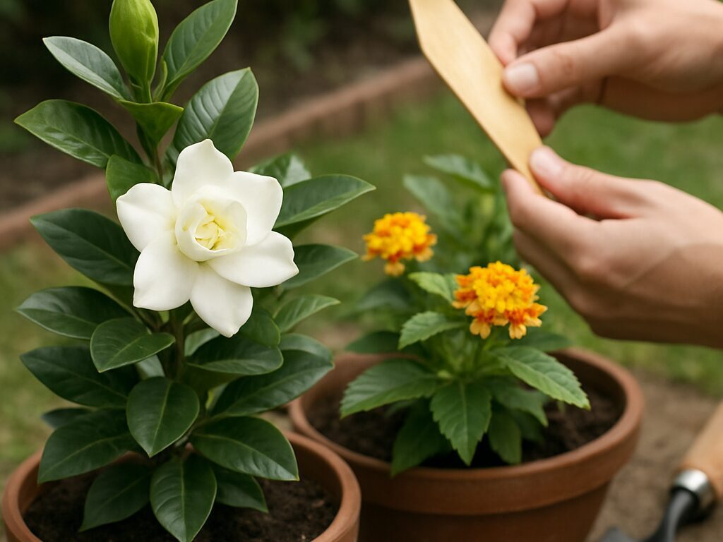 日当たりの良いベランダの鉢植えと半日陰の庭植え、環境に合わせた白いクチナシの配置