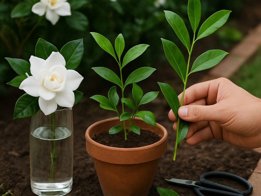 花瓶に活けた白いクチナシと、挿し穂を挿した小鉢の挿し木トレーを並べて写す