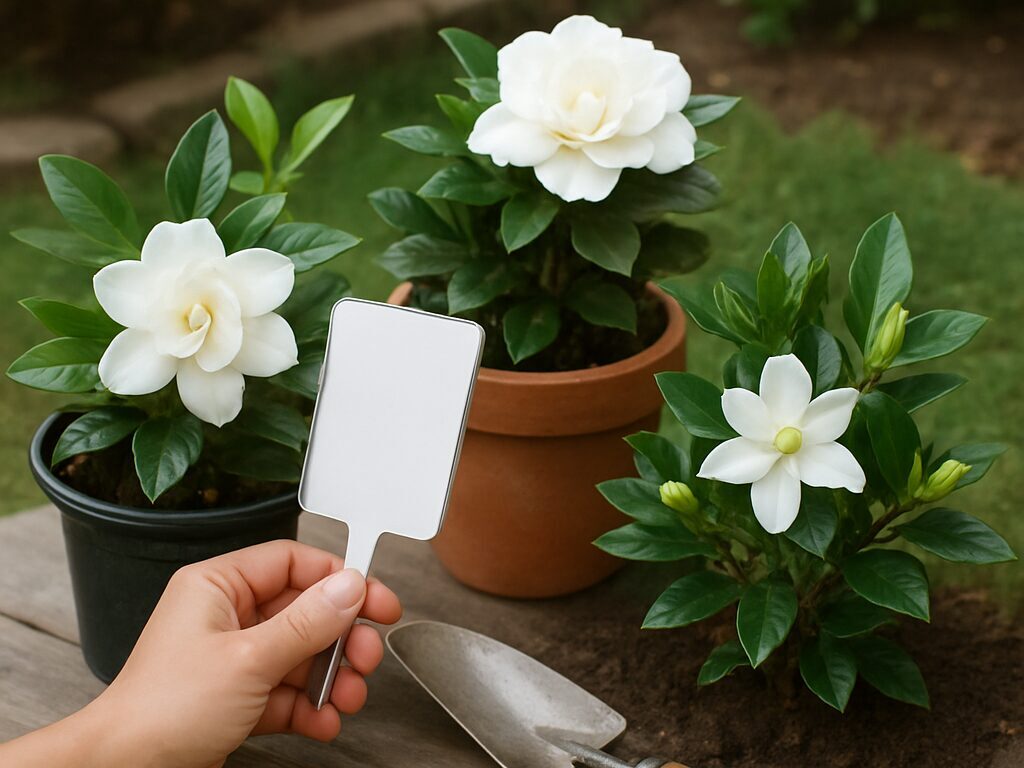 生垣向けの背高い株とベランダ向けの矮性鉢植え、白花のクチナシを並べて比較