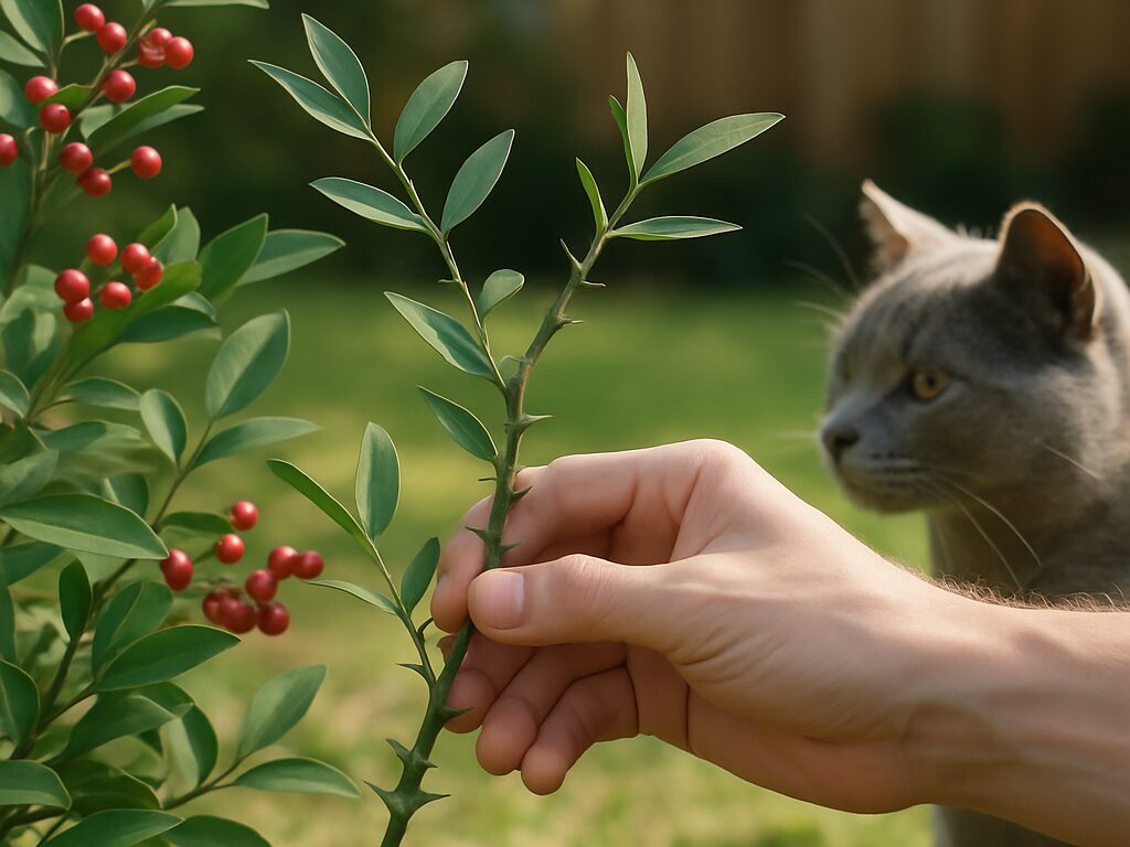 手袋でヒイラギナンテンのトゲ葉を扱い、近くに子どもと犬がいる庭で注意する