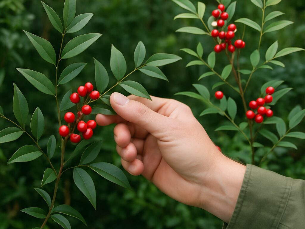 庭の生垣で、南天の細かな羽状複葉とベニカナメモチの厚い赤新葉を並べて比較