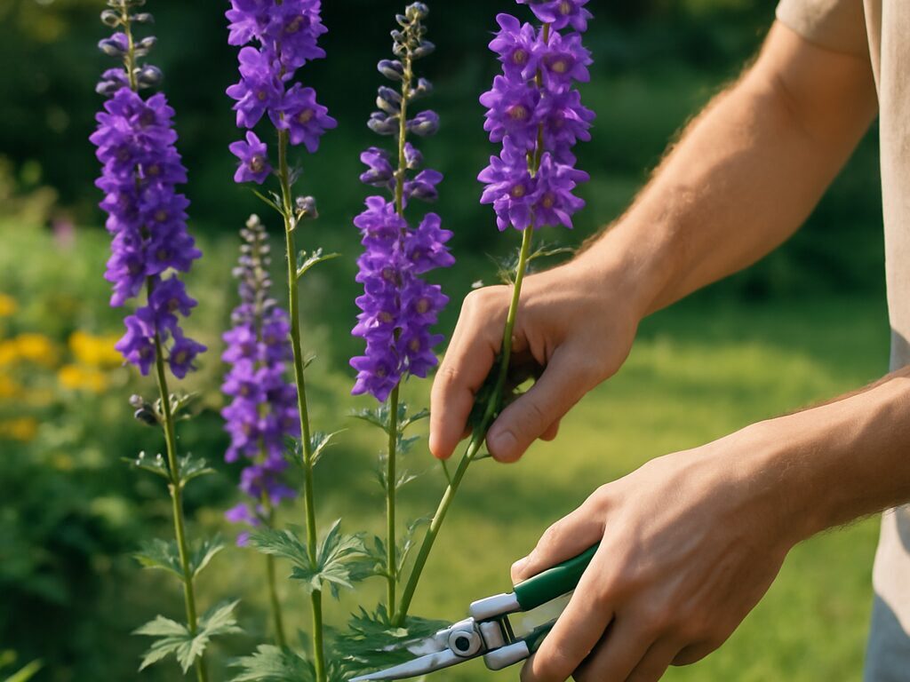 夏の花壇で三尺バーベナとリアトリスの紫穂が背高く風に揺れる景色