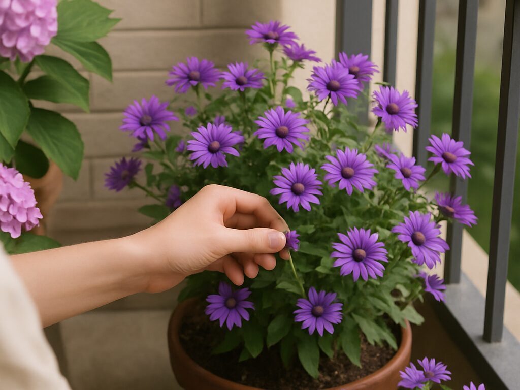 北向きベランダの半日陰でトレニアの紫花が涼しげに咲く吊り鉢とプランター