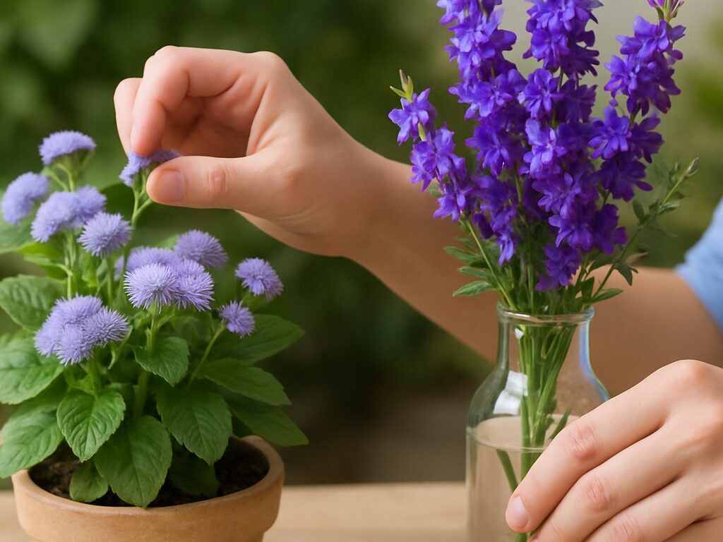 ラベンダーとスターチスの束を逆さに干し、隣に紫の切り花を活けた花瓶