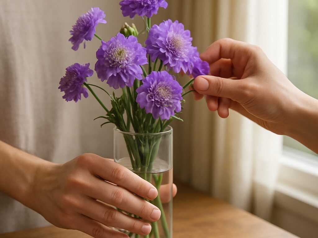 木のテーブルに紫のラベンダーやアガパンサスの花、園芸手袋と剪定ばさみを並べる