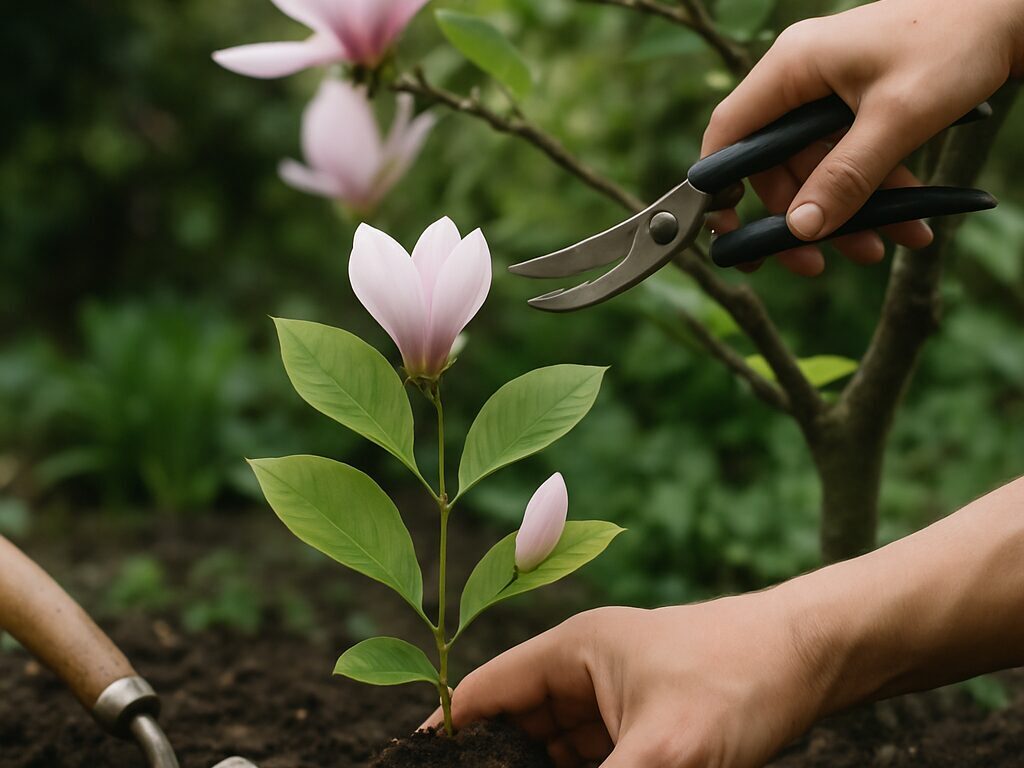 休眠期のモクレンを剪定ばさみで枝を整え、株元に腐葉土を敷く年間手入れの作業風景