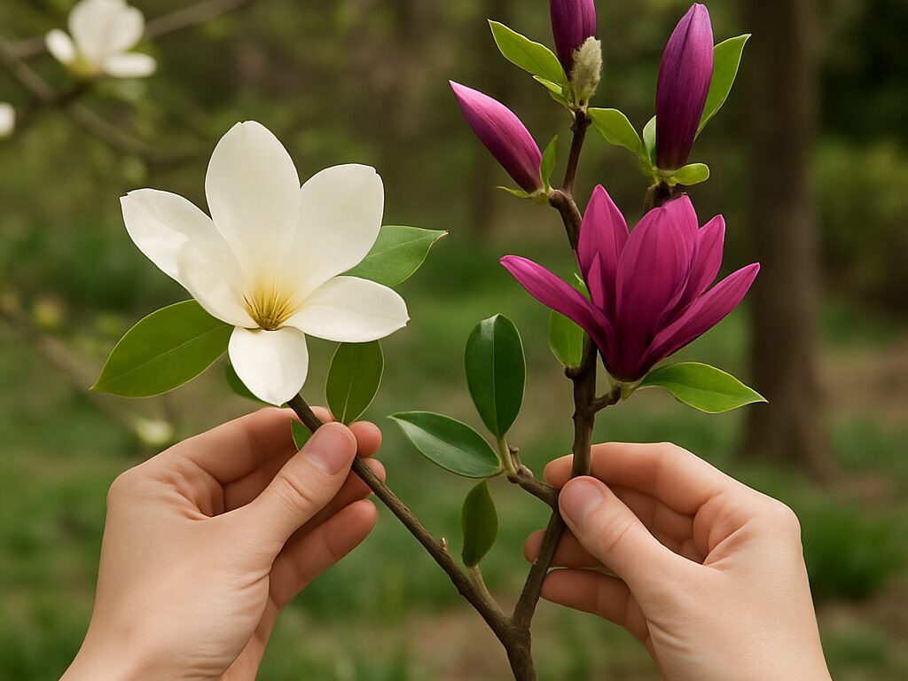夕日差す庭で白と紫のモクレンが並んで咲き、花びらが柔らかく輝く静かな景色