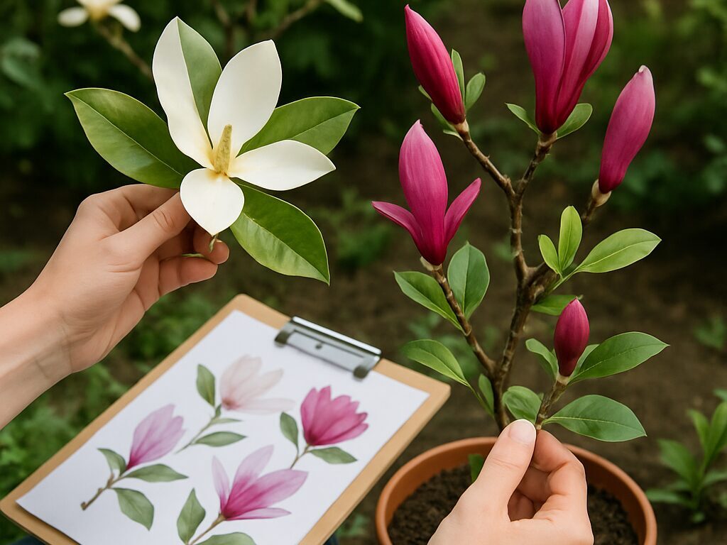 紫のシモクレンと白いハクモクレンの枝や蕾を並べ、手元で特徴を見比べる接写