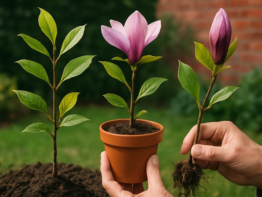 テラスの鉢仕立て、庭植えの中木、玄関先のシンボルツリーとして咲くモクレンの使い分け場面