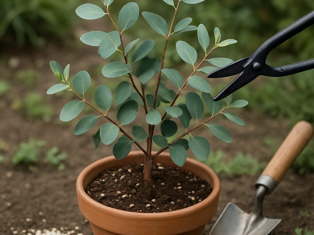 銀葉の鉢植えユーカリを剪定バサミで整え、株元に緩効性肥料を施す作業の手元