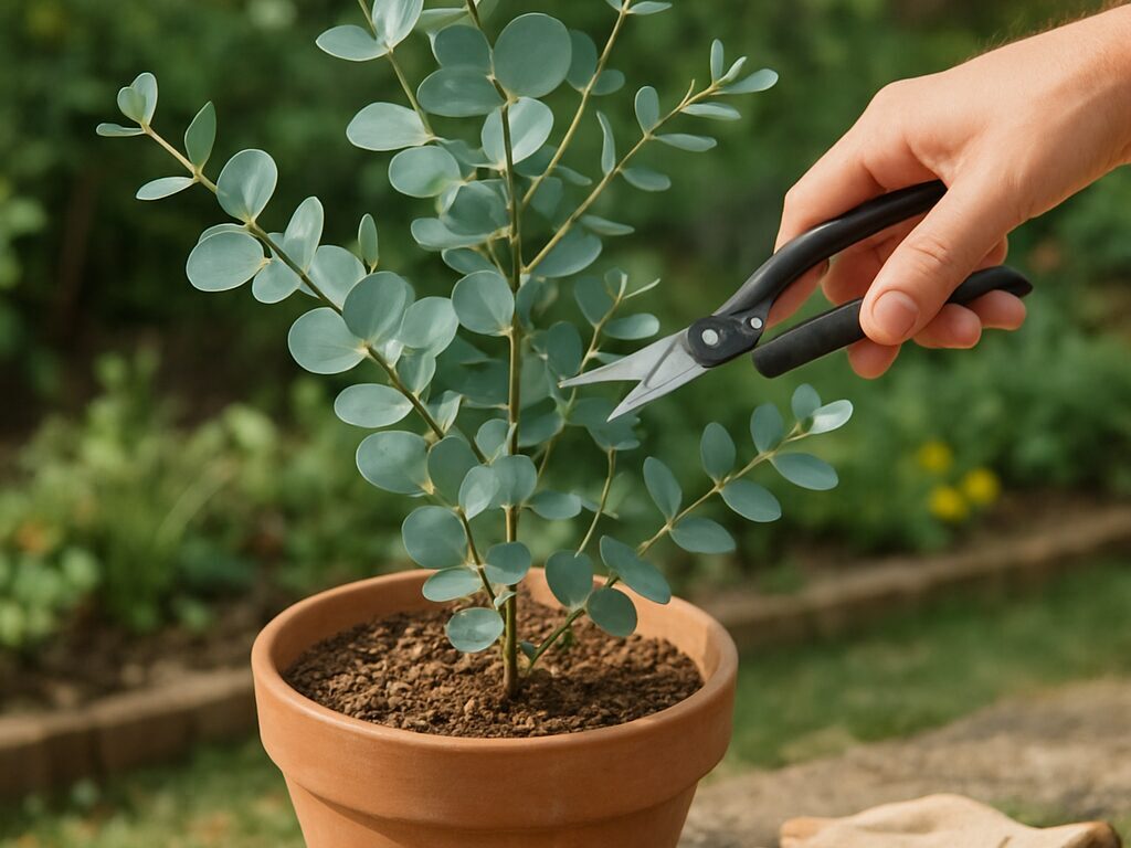 日当たりの良いテラスで、茂る鉢植えユーカリと整然と並ぶ園芸道具一式