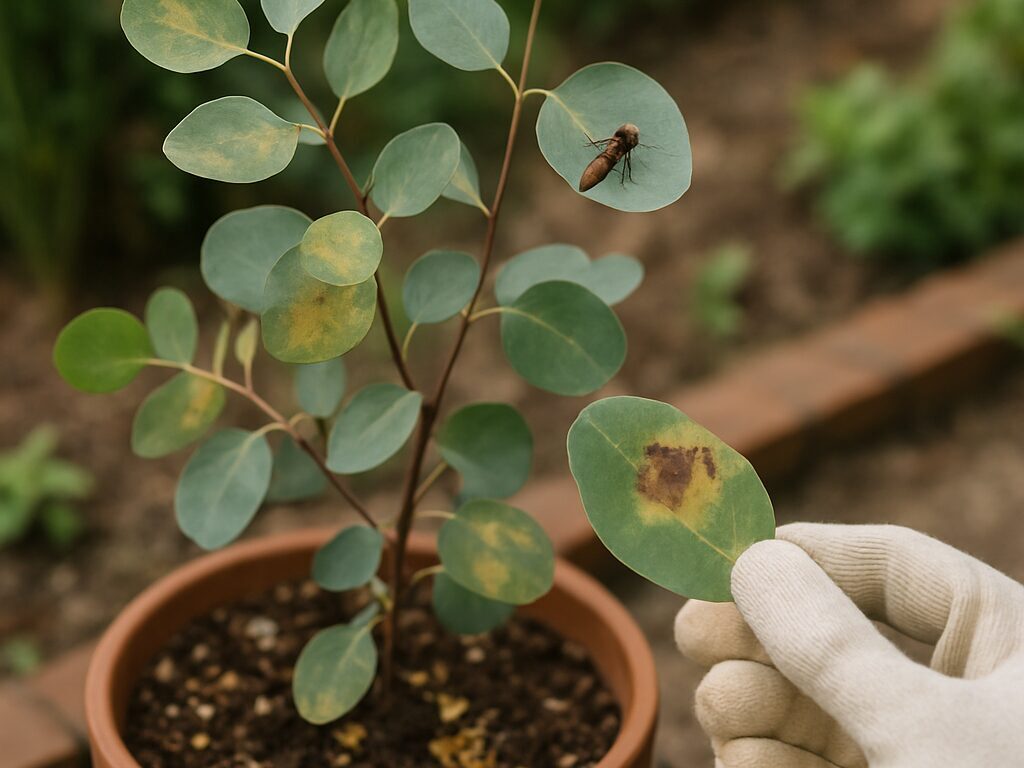 ユーカリの葉裏に発生したカイガラムシを拡大鏡で確認し、綿棒で拭き取る対処