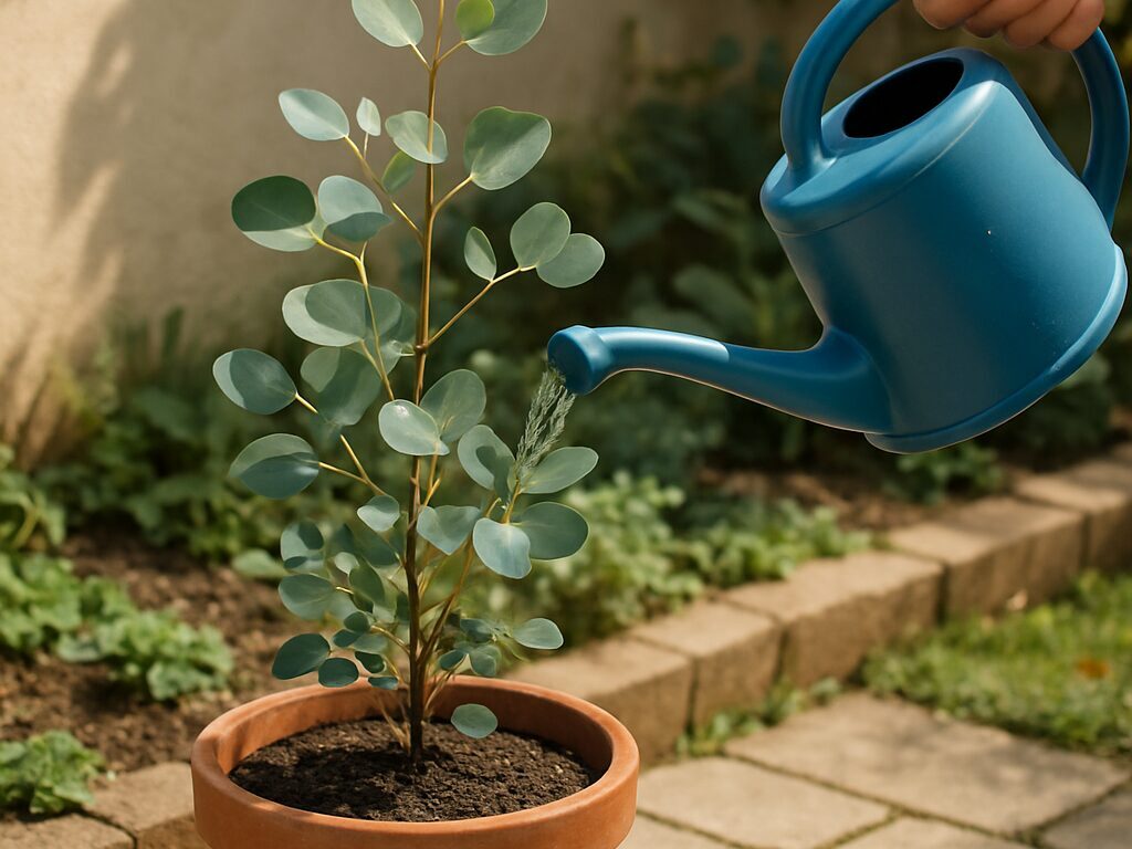 朝日差す窓辺で、鉢植えのユーカリにジョウロで水やりし、葉にやわらかな光が透ける
