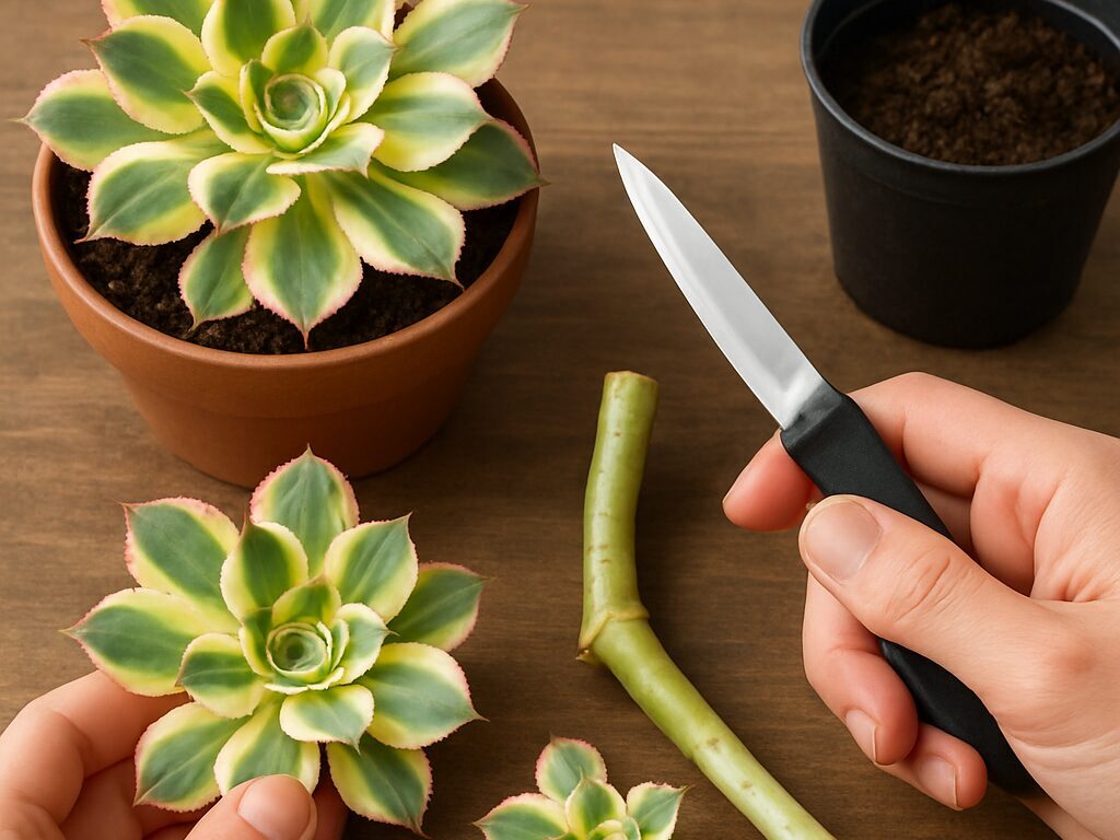 徒長した茎を剪定し、切り口を乾かした挿し穂と胴切り株を多肉用土に挿す斑入りサンバーストの増やし方