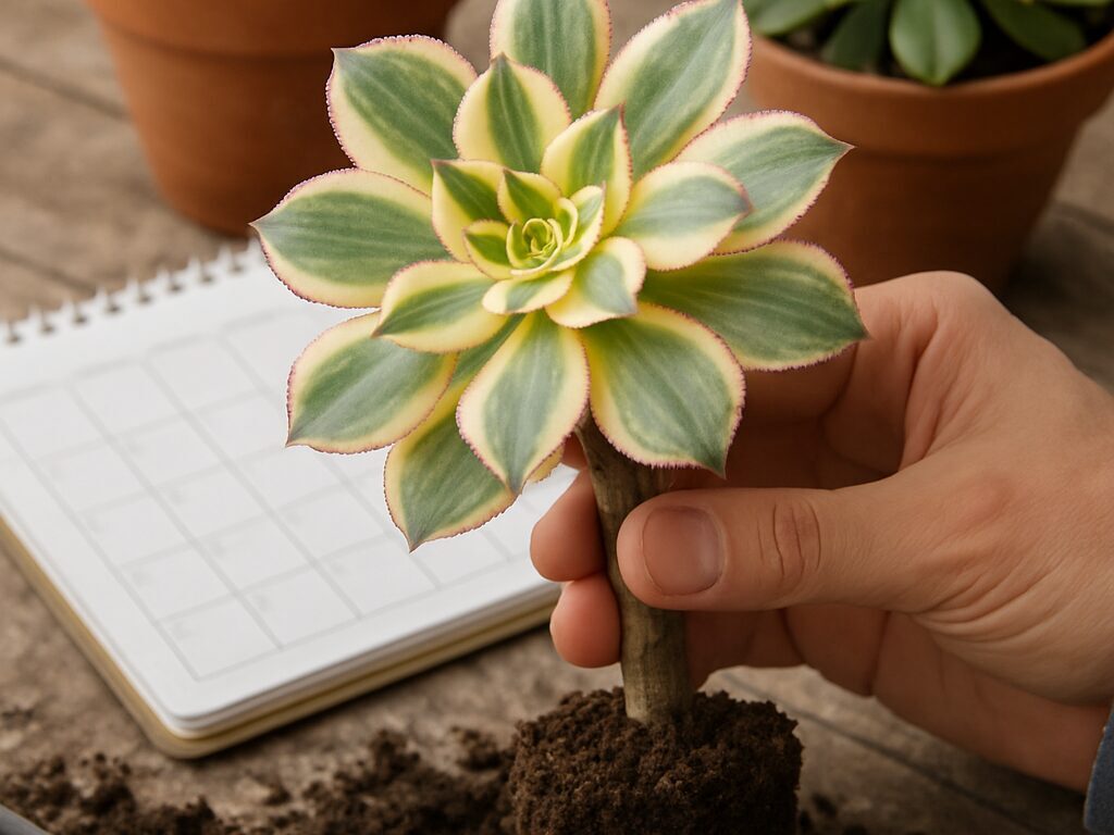 ベランダの朝光、ジョウロと土袋のそばで育つ斑入りサンバーストの鉢植え