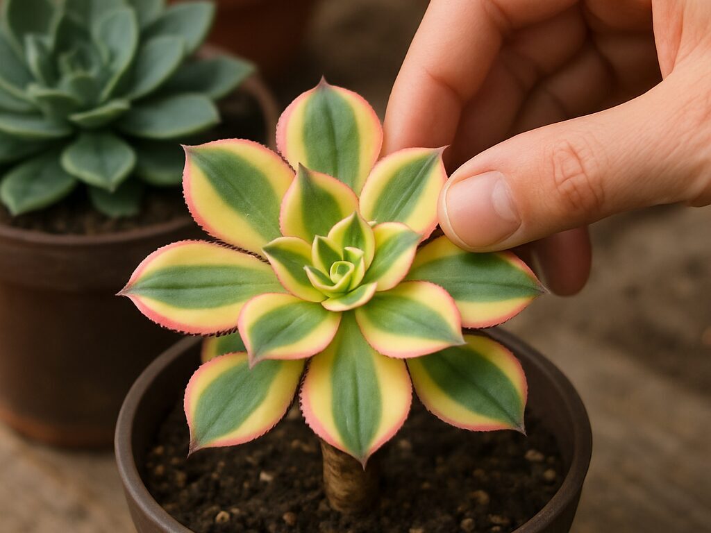 淡いクリーム斑に緑の芯、縁がピンクに色づいた斑入りアエオニウム・サンバーストのロゼット接写