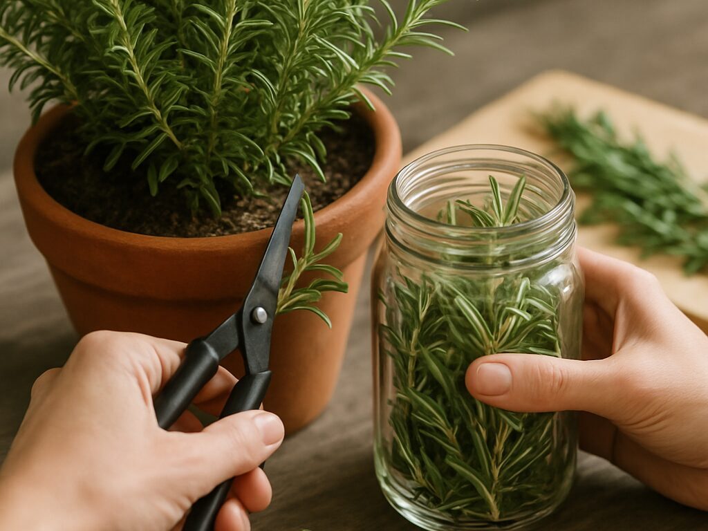 タイムの茎を節上で剪定し、収穫した枝を束ねて吊るし乾燥させる場面