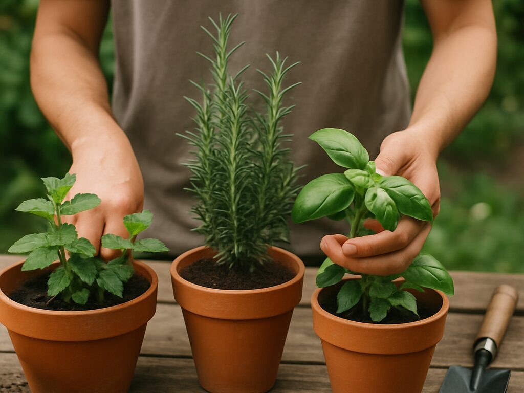 鉢植えのセージ・オレガノ・ローズマリーを並べ、葉色と生育の違いを見比べる