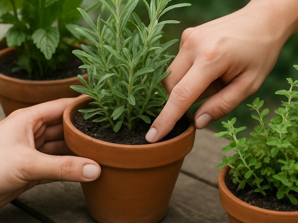 ミントの葉に発生したアブラムシを、手袋で摘み取り早急に対処する様子