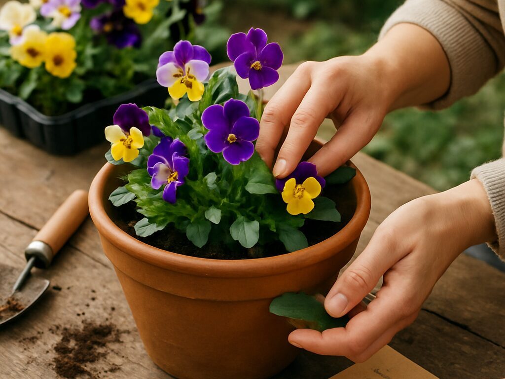 冬の軒下に置いたビオラ寄せ植え、紫黄の花とシロタエギクが霜避けの環境で健やかに咲く