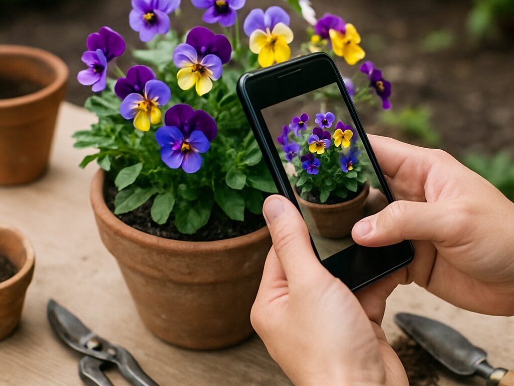 ベランダで満開のビオラ寄せ植えをスマートフォンで撮影し、保存用に角度を調整する手元