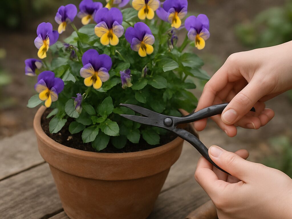 日当たりのテラスで色鮮やかなビオラ寄せ植えが咲き続け、脇にジョウロを置いた穏やかな景色