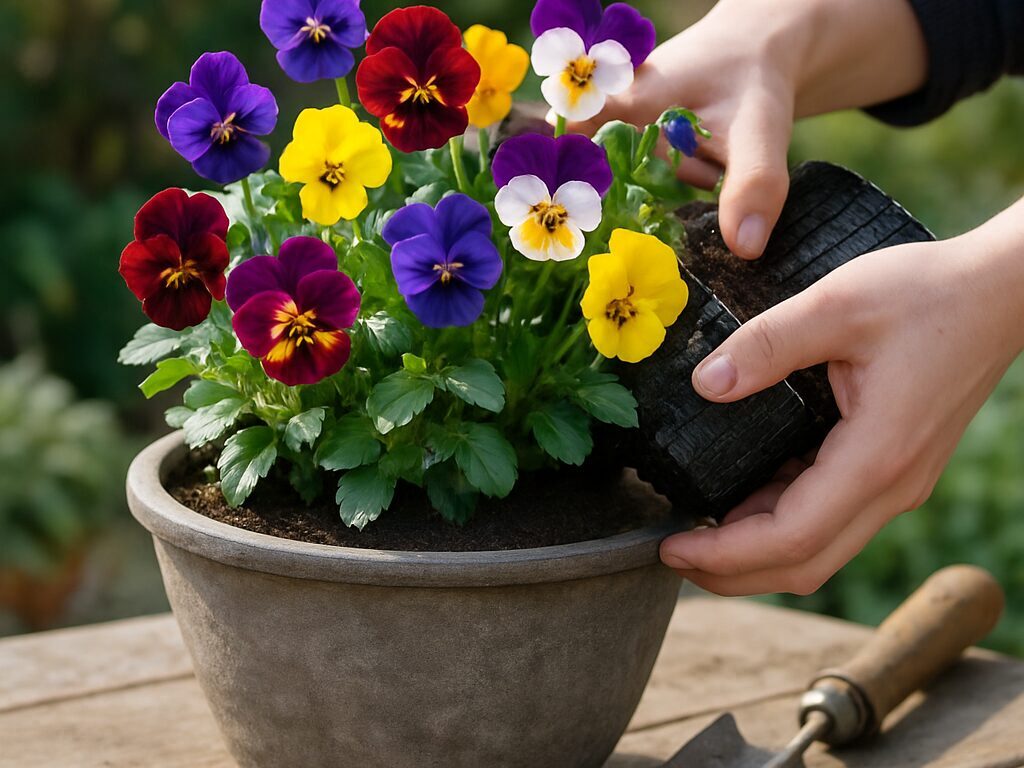 棚に並ぶ寄せ植え鉢、紫系・黄白系・パステル系のビオラ配色を見比べられる一列