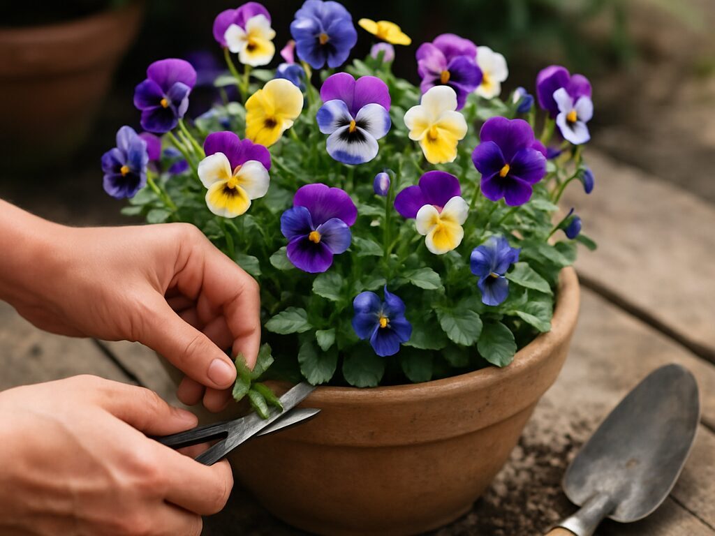 指先で花がらを摘み取り、土の表面から静かに水やりするビオラ寄せ植えの毎日の手入れ