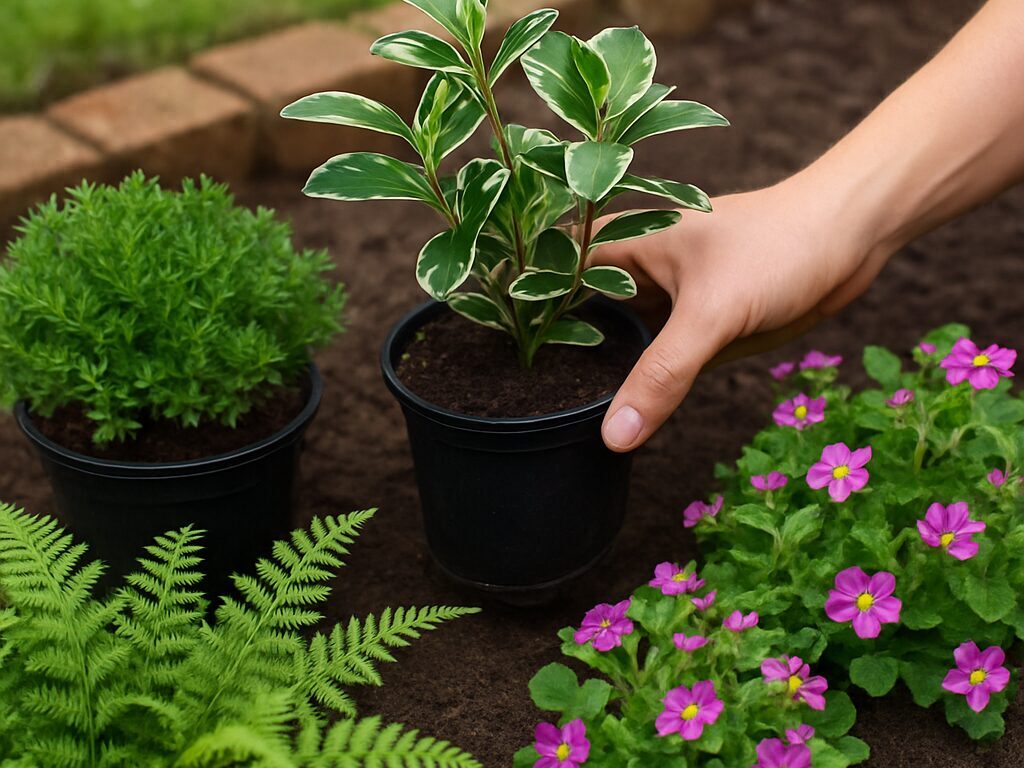 白花のヒメイワダレソウと紫花のヤブラン、濃緑のフッキソウの群植