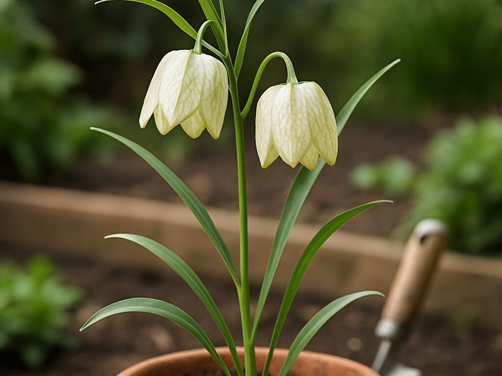 淡緑色の鐘形花がうつむくバイモ。網目模様の花被と細い葉を接写