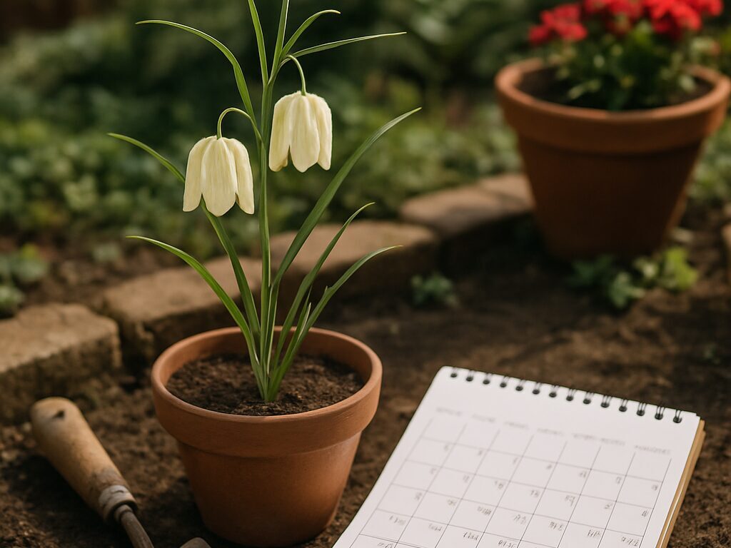 春の開花株に支柱を添え、敷き藁で保湿した花壇のバイモを手入れする
