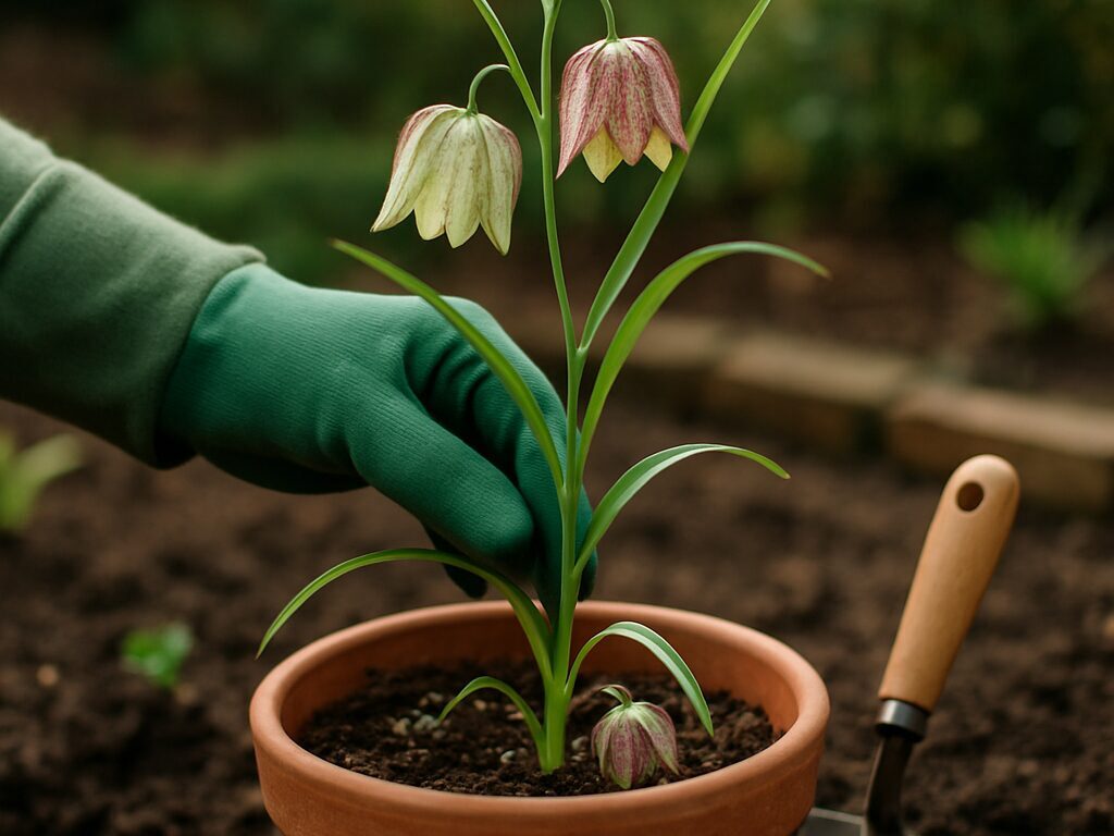 半日陰の花壇で、排水の良い土に植えたバイモにじょうろで水やり