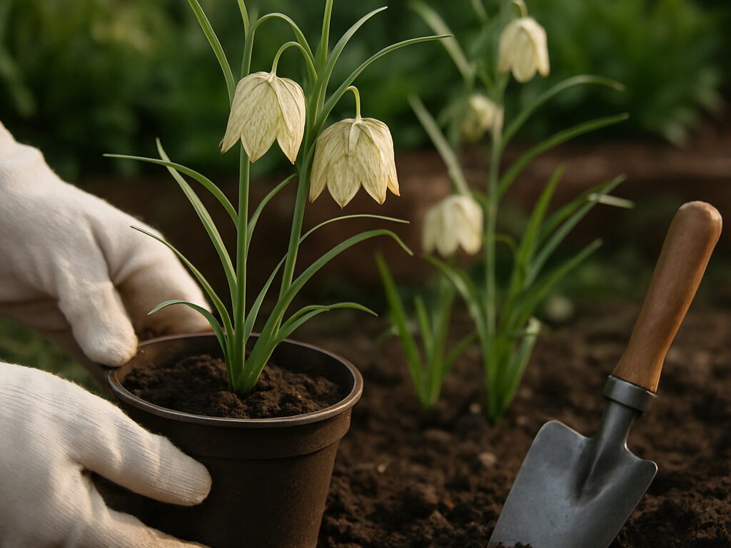 バイモの蕾に群がるアブラムシを、手袋と霧吹きでやさしく除去する