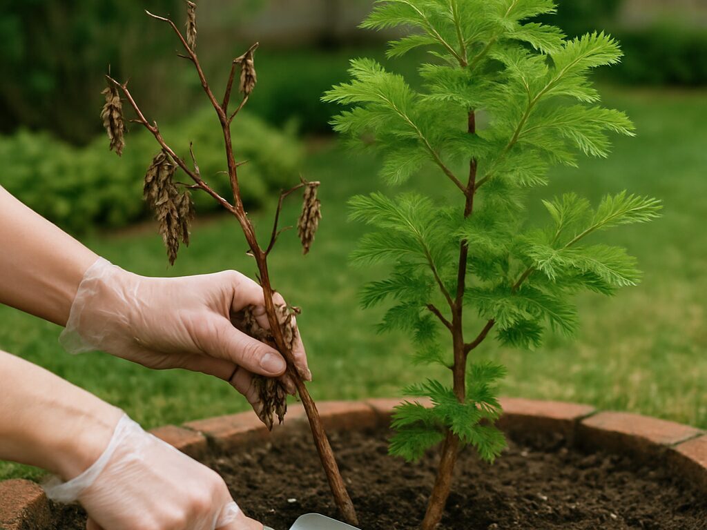 しおれた葉と枯れ枝を確認しながら、手袋で傷んだ枝を剪定し土をほぐす手元のクローズアップ