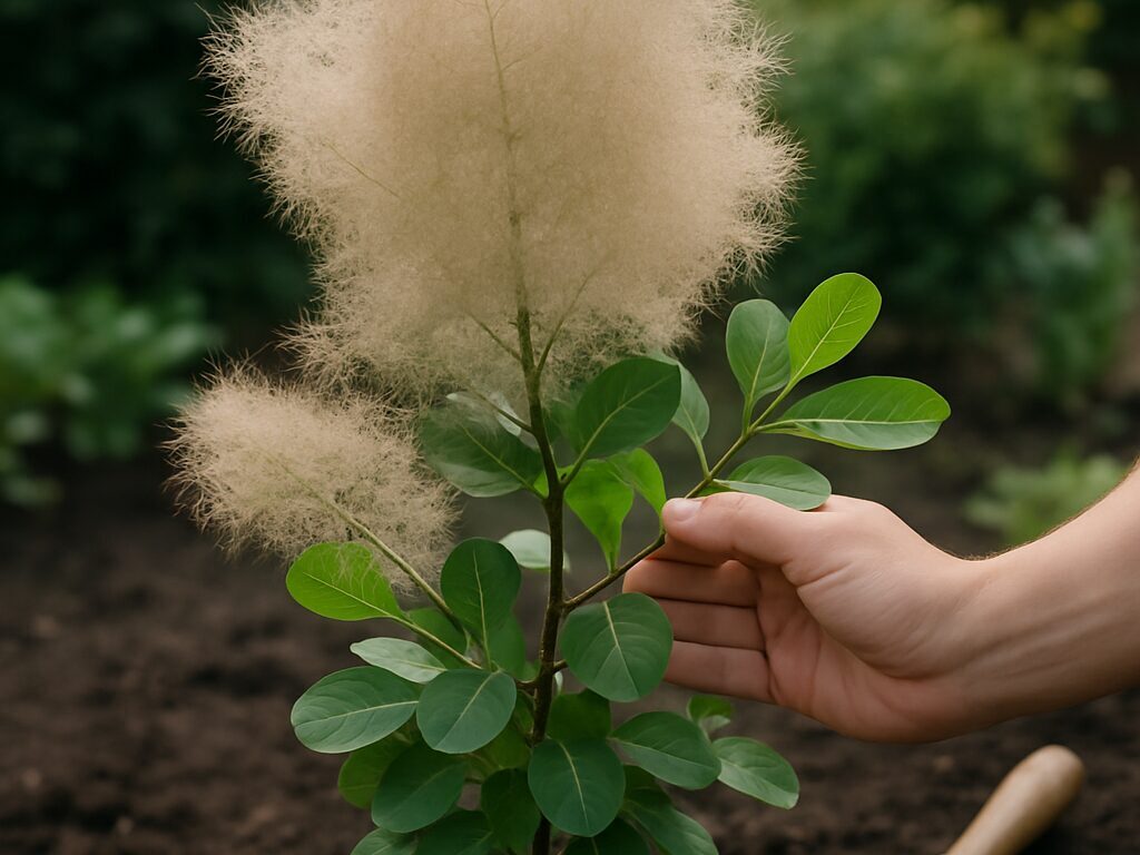 日当たりの良い庭で、ふわふわの大きな花穂を無数に咲かせたスモークツリーの株姿